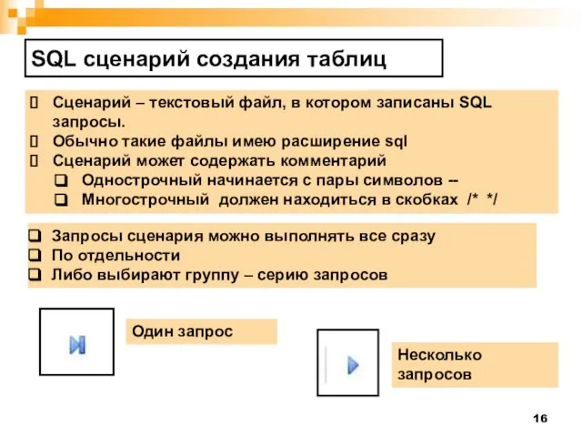 SQL сценарий создания таблиц Сценарий – текстовый файл, в котором записаны SQL