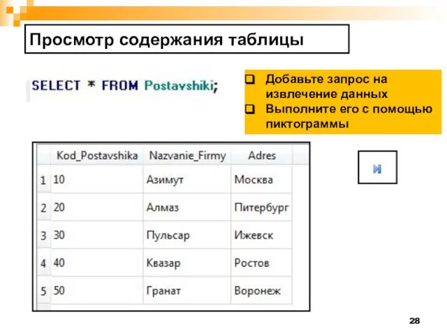 Просмотр содержания таблицы Добавьте запрос на извлечение данных Выполните его с помощью пиктограммы