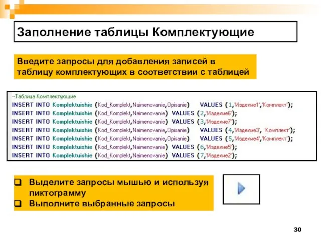 Заполнение таблицы Комплектующие Введите запросы для добавления записей в таблицу комплектующих в