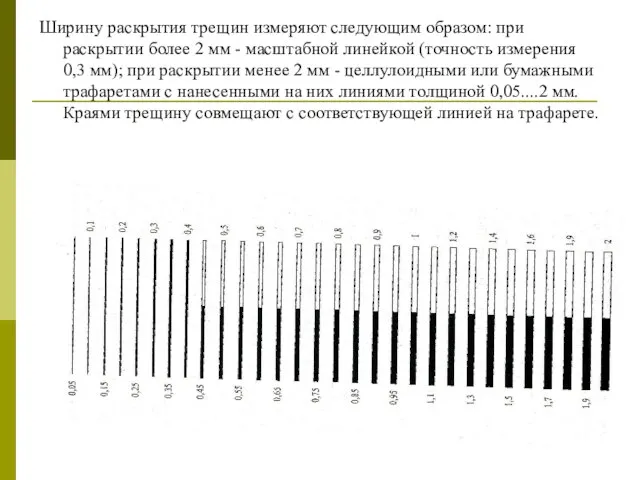 Ширину раскрытия трещин измеряют следующим образом: при раскрытии более 2 мм -