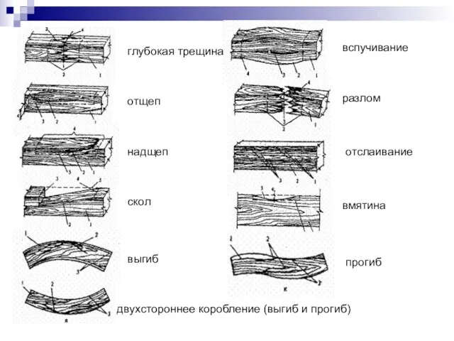 глубокая трещина отщеп надщеп скол прогиб двухстороннее коробление (выгиб и прогиб) выгиб вмятина отслаивание разлом вспучивание