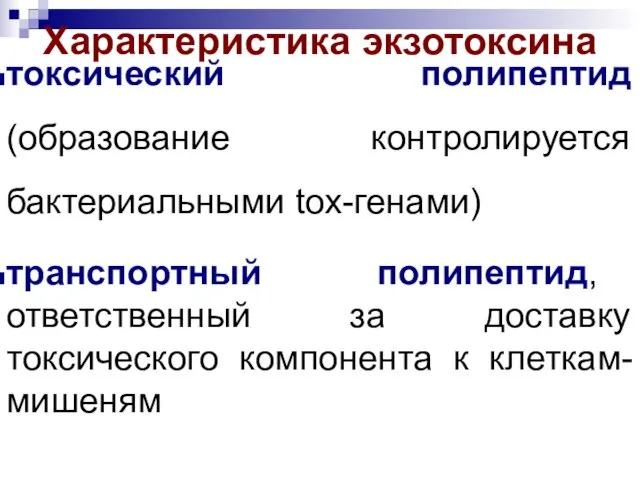 Характеристика экзотоксина токсический полипептид (образование контролируется бактериальными tox-генами) транспортный полипептид, ответственный за