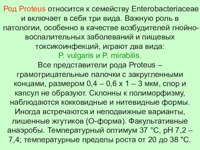 Род Proteus относится к семейству Enterobacteriaceae и включает в себя три вида.