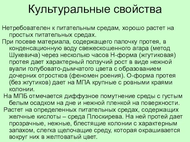 Культуральные свойства Нетребователен к питательным средам, хорошо растет на простых питательных средах.