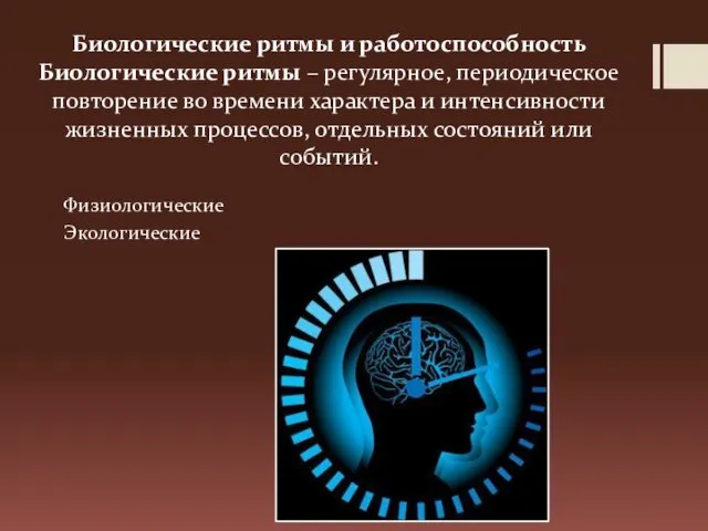 Биологические ритмы и работоспособность Биологические ритмы – регулярное, периодическое повторение во времени