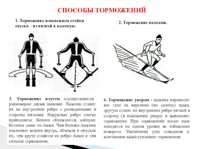 СПОСОБЫ ТОРМОЖЕНИЙ 1. Торможение изменением стойки спуска – из низкой в высокую.