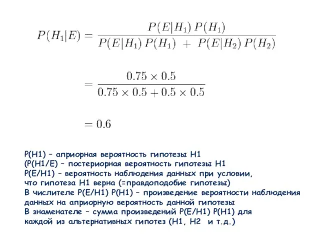 P(H1) – априорная вероятность гипотезы H1 (P(H1/E) – постериорная вероятность гипотезы H1