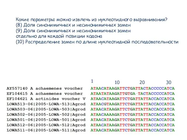Какие параметры можно извлечь из нуклеотидного выравнивания? (8) Доля синонимичных и несинонимичных