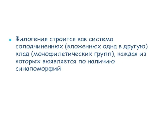 Филогения строится как система соподчиненных (вложенных одна в другую) клад (монофилетических групп),