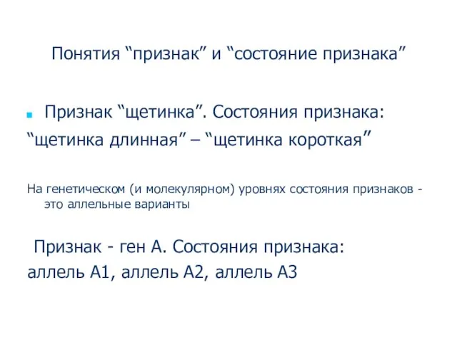 Понятия “признак” и “состояние признака” Признак “щетинка”. Состояния признака: “щетинка длинная” –