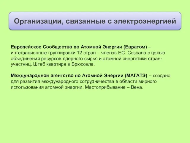 Организации, связанные с электроэнергией Европейское Сообщество по Атомной Энергии (Евратом) – интеграционные