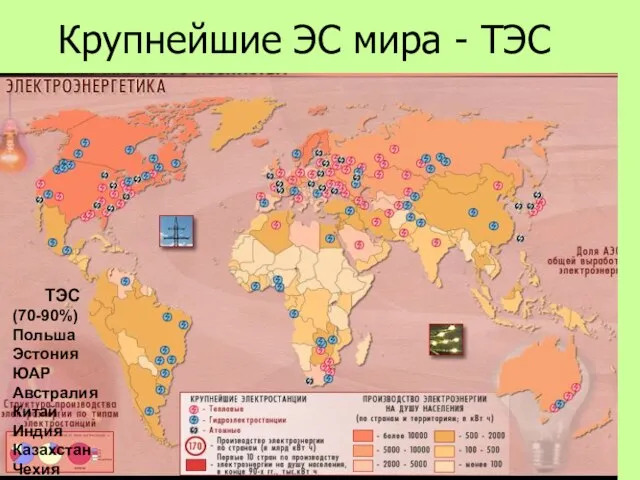 Крупнейшие ЭС мира - ТЭС ТЭС (70-90%) Польша Эстония ЮАР Австралия Китай Индия Казахстан Чехия