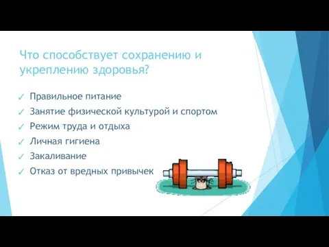 Что способствует сохранению и укреплению здоровья? Правильное питание Занятие физической культурой и