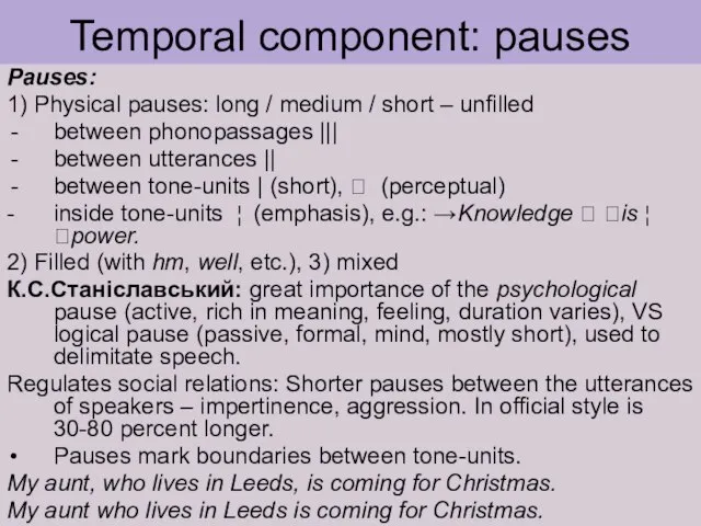 Temporal component: pauses Pauses: 1) Physical pauses: long / medium / short