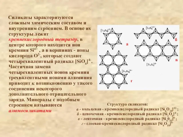 Структура силикатов: а - кольцевая - кремнекислородный радикал [Si6O18]12-; б - цепочечная