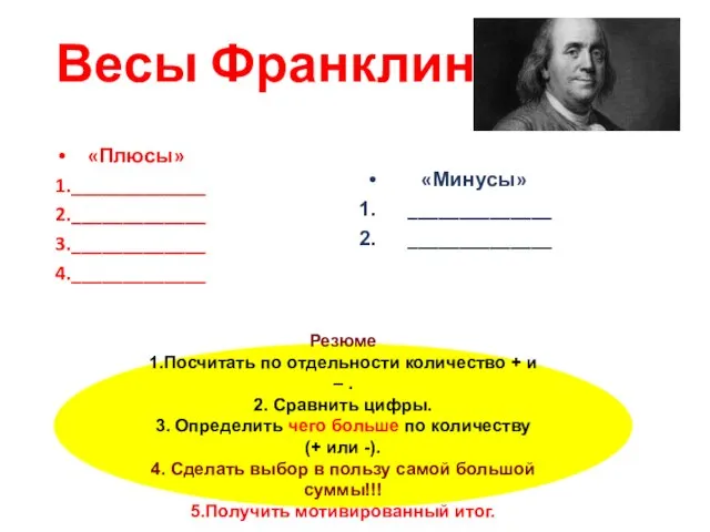 Весы Франклина «Плюсы» 1._____________ 2._____________ 3._____________ 4._____________ «Минусы» ______________ ______________ Резюме 1.Посчитать