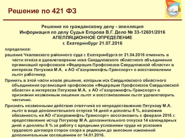 Решение по 421 ФЗ Решение по гражданскому делу - апелляция Информация по