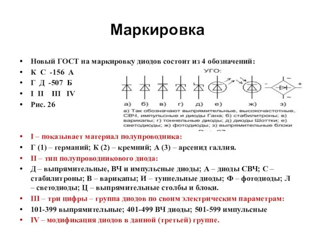 Маркировка Новый ГОСТ на маркировку диодов состоит из 4 обозначений: К С