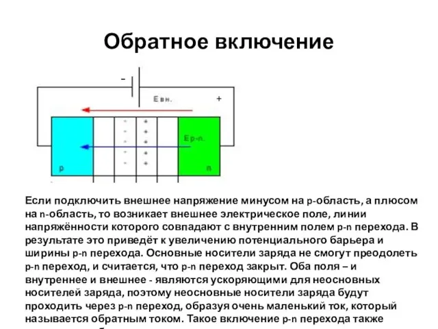 Обратное включение + Если подключить внешнее напряжение минусом на p-область, а плюсом