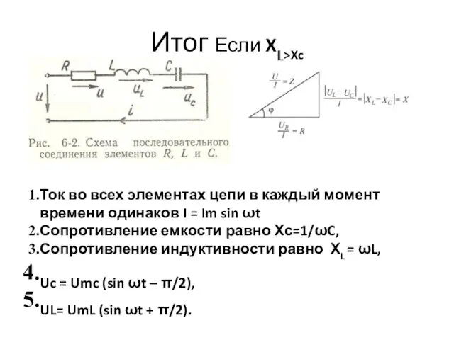 Итог Если XL>Xc Ток во всех элементах цепи в каждый момент времени