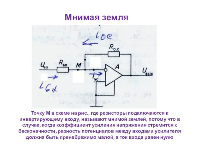 Точку М в схеме на рис., где резисторы подключаются к инвертирующему входу,