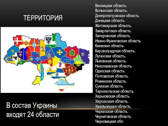 ТЕРРИТОРИЯ Винницкая область. Волынская область. Днепропетровская область. Донецкая область. Житомирская область. Закарпатская