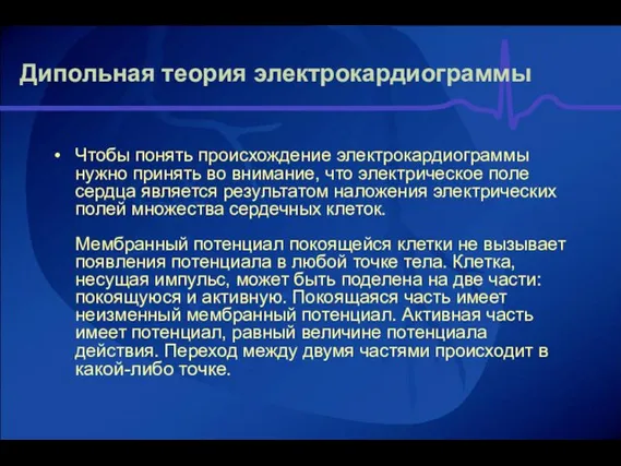 Дипольная теория электрокардиограммы Чтобы понять происхождение электрокардиограммы нужно принять во внимание, что