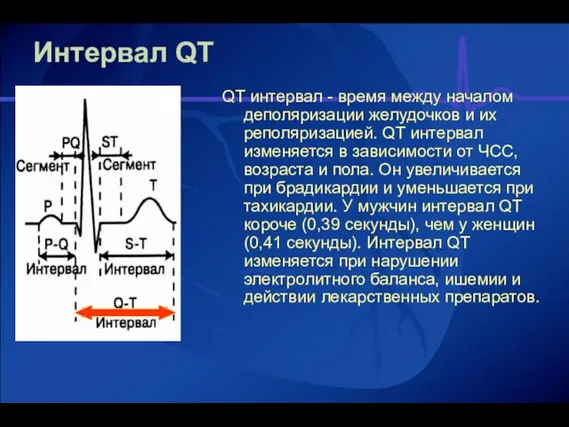 Интервал QT QT интервал - время между началом деполяризации желудочков и их