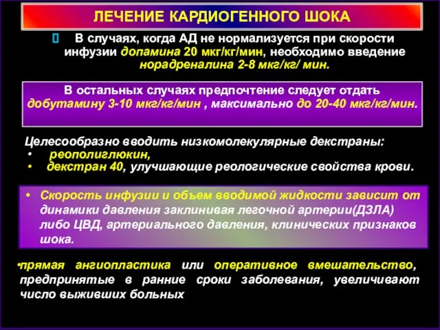 ЛЕЧЕНИЕ КАРДИОГЕННОГО ШОКА В случаях, когда АД не нормализуется при скорости инфузии