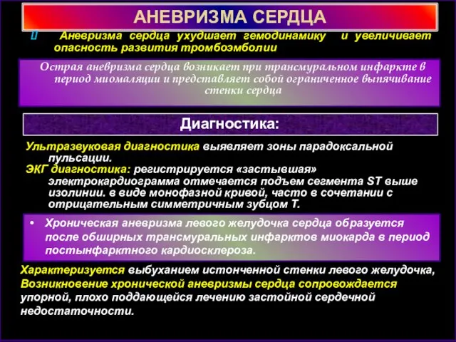 АНЕВРИЗМА СЕРДЦА Острая аневризма сердца возникает при трансмуральном инфаркте в период миомаляции