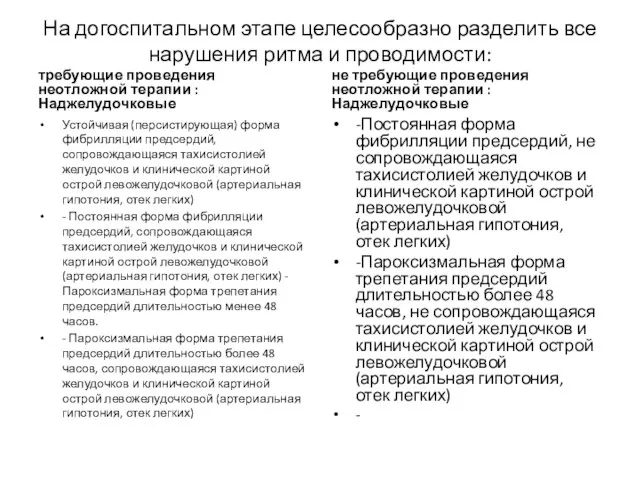 На догоспитальном этапе целесообразно разделить все нарушения ритма и проводимости: требующие проведения