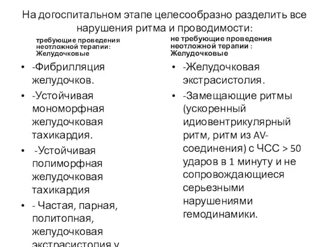 На догоспитальном этапе целесообразно разделить все нарушения ритма и проводимости: требующие проведения