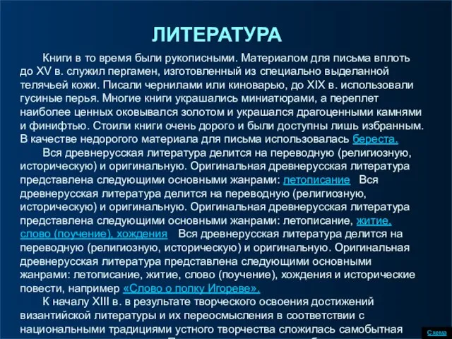 ЛИТЕРАТУРА Книги в то время были рукописными. Материалом для письма вплоть до