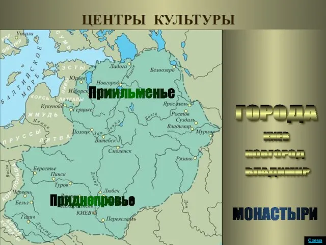 Приднепровье Приильменье ЦЕНТРЫ КУЛЬТУРЫ МОНАСТЫРИ ГОРОДА ВЛАДИМИР НОВГОРОД КИЕВ Схема