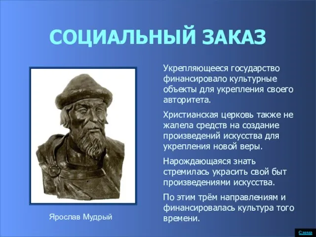 СОЦИАЛЬНЫЙ ЗАКАЗ Укрепляющееся государство финансировало культурные объекты для укрепления своего авторитета. Христианская