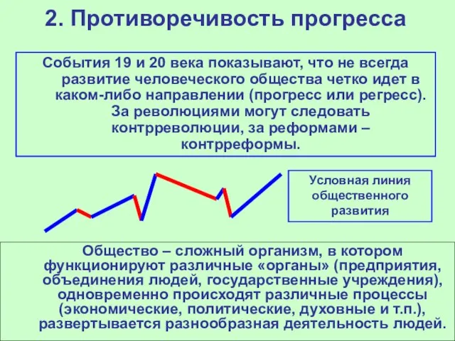 2. Противоречивость прогресса События 19 и 20 века показывают, что не всегда