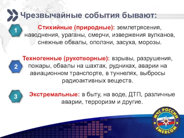 Чрезвычайные события бывают: Стихийные (природные): землетрясения, наводнения, ураганы, смерчи, извержения вулканов, снежные