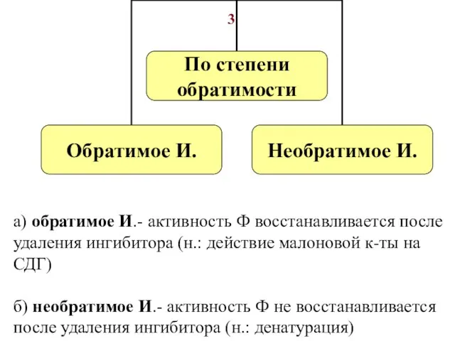 3 а) обратимое И.- активность Ф восстанавливается после удаления ингибитора (н.: действие