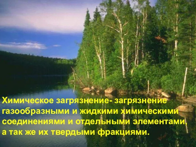 Химическое загрязнение- загрязнение газообразными и жидкими химическими соединениями и отдельными элементами, а