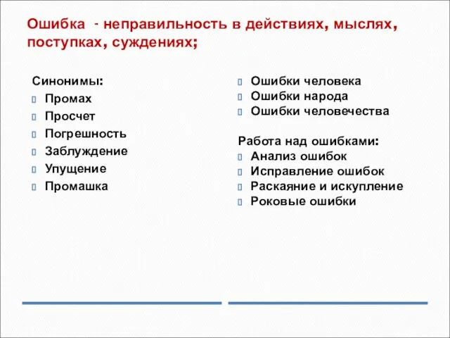 Ошибка - неправильность в действиях, мыслях, поступках, суждениях; Синонимы: Промах Просчет Погрешность