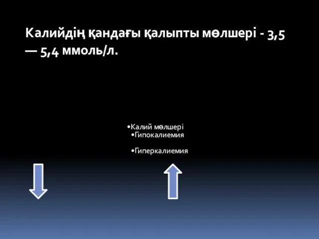 Калий мөлшері Гипокалиемия Гиперкалиемия Калийдің қандағы қалыпты мөлшері - 3,5 — 5,4 ммоль/л.