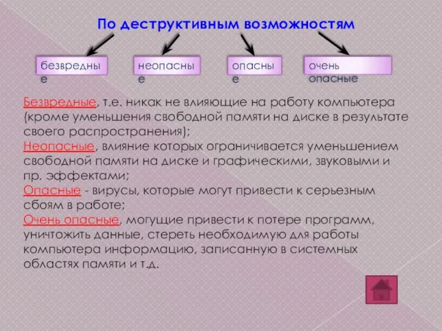 безвредные неопасные опасные По деструктивным возможностям очень опасные Безвредные, т.е. никак не