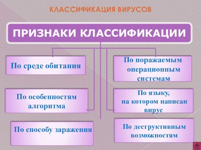 ПРИЗНАКИ КЛАССИФИКАЦИИ По среде обитания По поражаемым операционным системам По особенностям алгоритма