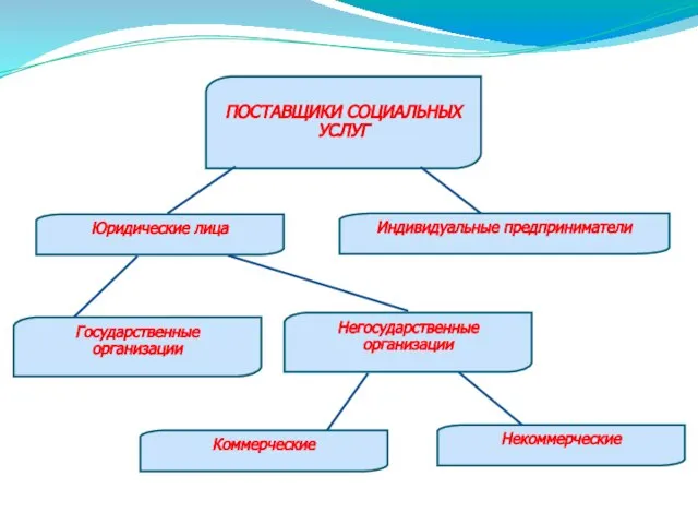 ПОСТАВЩИКИ СОЦИАЛЬНЫХ УСЛУГ Юридические лица Индивидуальные предприниматели Государственные организации Негосударственные организации Коммерческие Некоммерческие