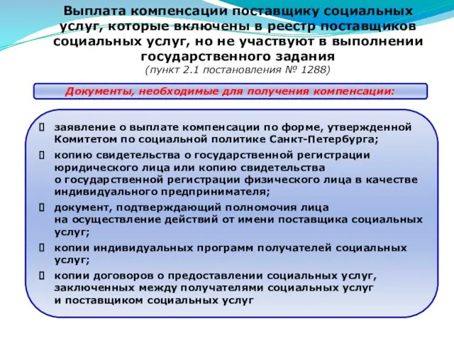 Выплата компенсации поставщику социальных услуг, которые включены в реестр поставщиков социальных услуг,