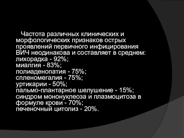 Частота различных клинических и морфологических признаков острых проявлений первичного инфицирования ВИЧ неодинакова