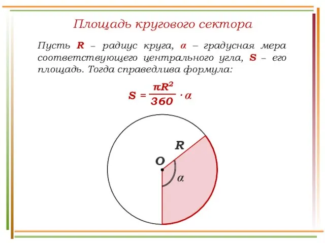 Площадь кругового сектора Пусть R − радиус круга, α – градусная мера