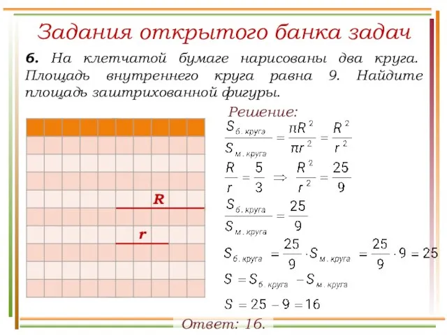 Задания открытого банка задач 6. На клетчатой бумаге нарисованы два круга. Площадь