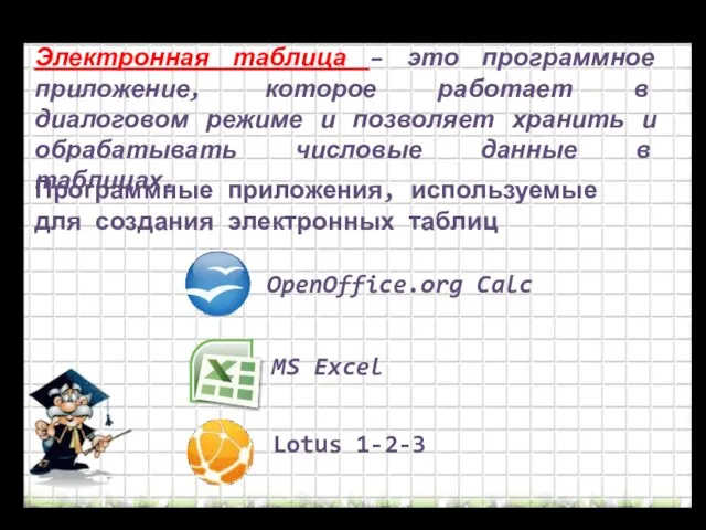 Электронная таблица – это программное приложение, которое работает в диалоговом режиме и