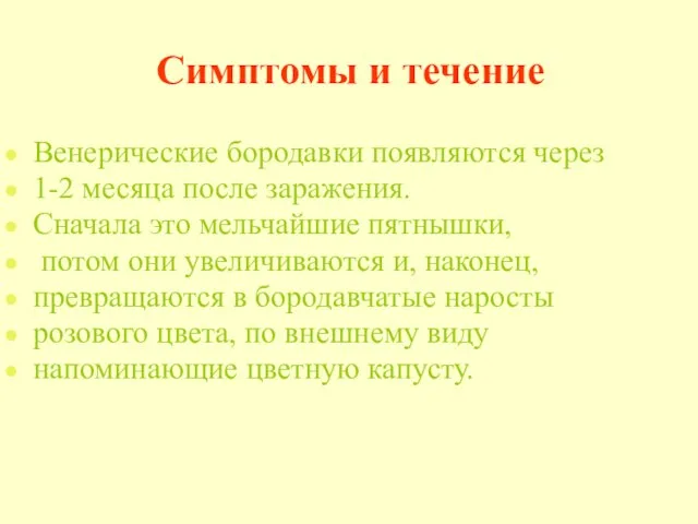 Симптомы и течение Венерические бородавки появляются через 1-2 месяца после заражения. Сначала